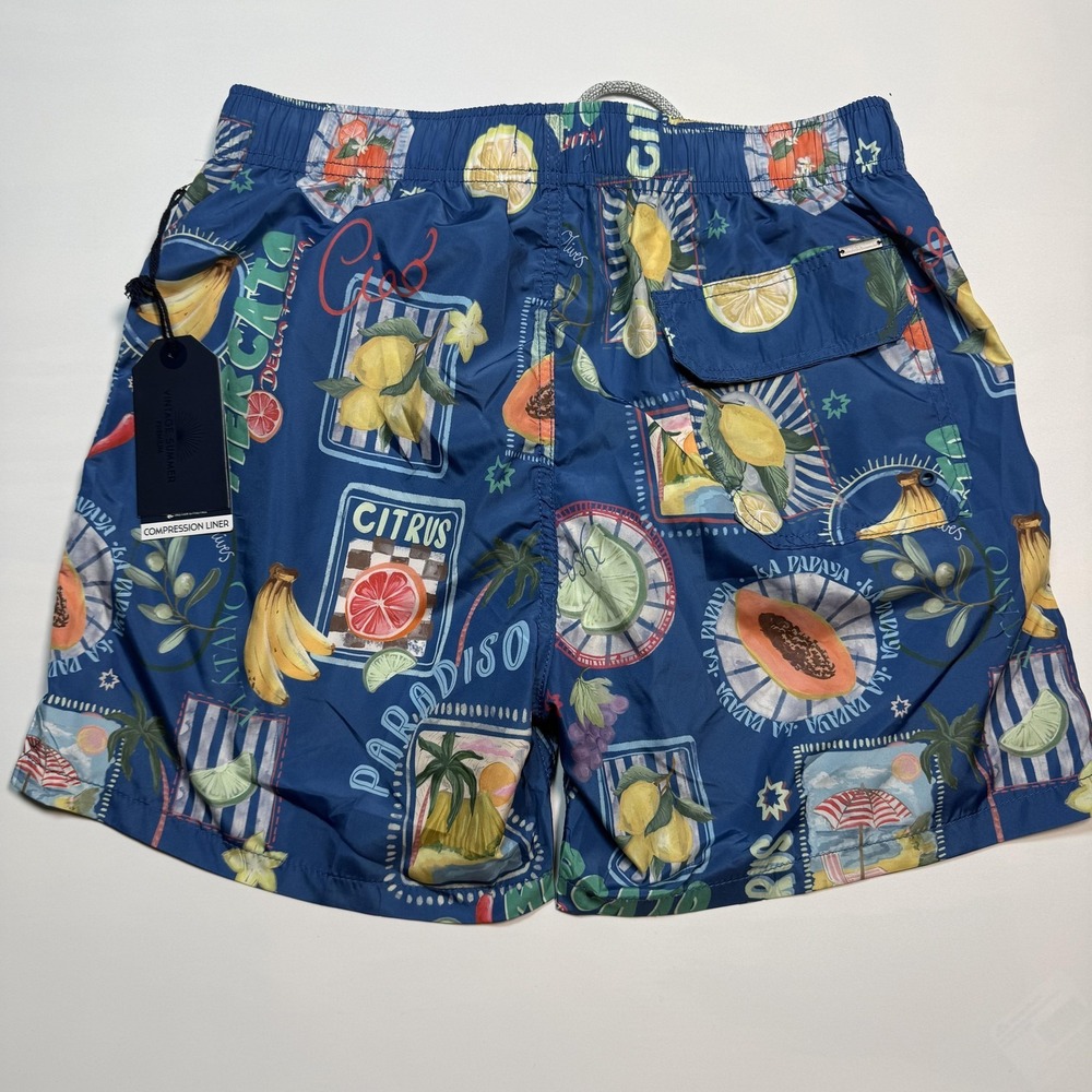 Vintage Summer Swim Trunks Mens M Blue Citrus Fruit Print Compression Liner - Picture 9 of 11